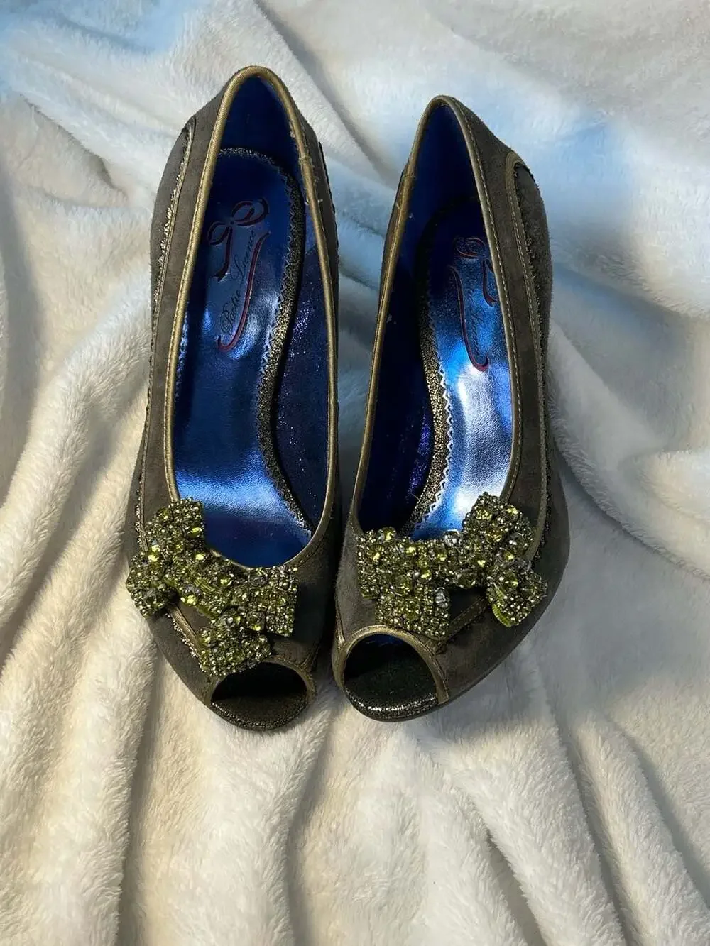 New Poetic Licence London Suede Peep Toe Pumps with Rhinestone Bow Embellishment